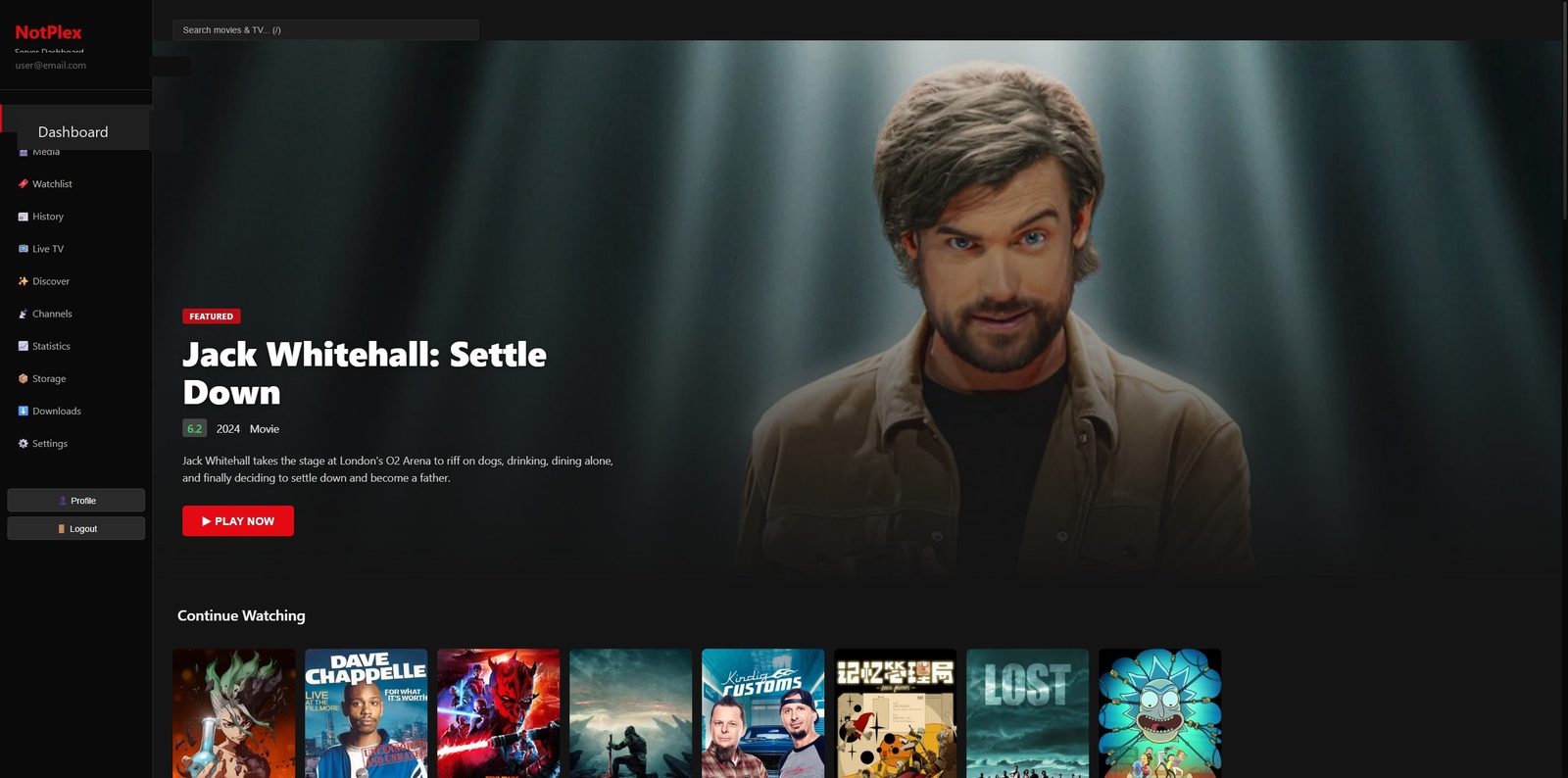 NotPlex web player on desktop — dashboard with featured title and Continue Watching row